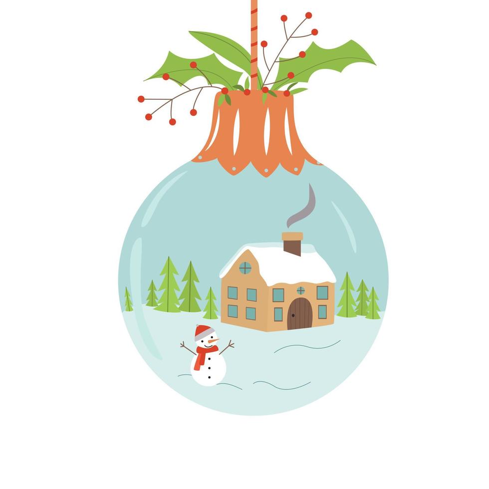 en julkula med en snögubbe och ett hus. gott nytt år och jul. vektor