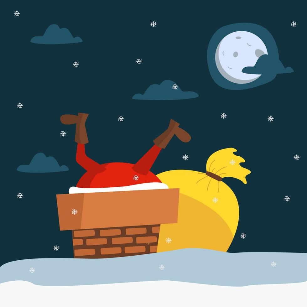 Vektor-Illustration im Doodle-Stil. Der Weihnachtsmann klettert mit einer Tüte Geschenke in den Schornstein auf dem Dach. Weihnachten. vektor