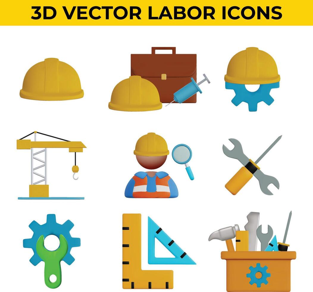 uppsättning av 3d vektor ikoner relaterad till arbetskraft, konstruktion, arbetskraft dag, renovering