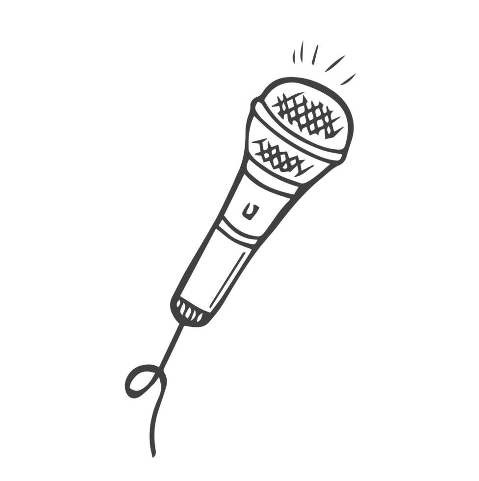 Mikrofon mit Draht isoliert auf Weiß Hintergrund. Musical Artikel zum Singen, Aufführungen, Karaoke. Vektor handgemalt Illustration im Gekritzel Stil.