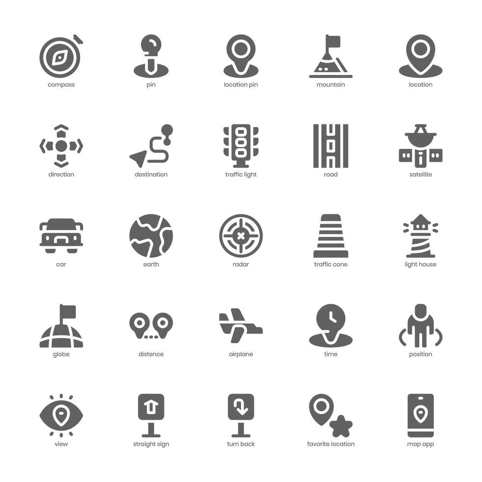 Navigation und Karte Symbol Pack zum Ihre Webseite, Handy, Mobiltelefon, Präsentation, und Logo Design. Navigation und Karte Symbol Glyphe Design. Vektor Grafik Illustration und editierbar Schlaganfall.