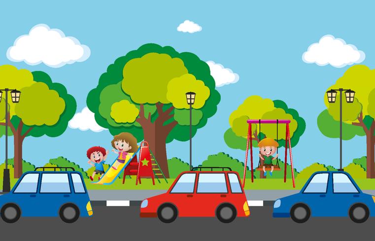 Szene mit Kindern im Spielplatz und Autos auf der Straße vektor