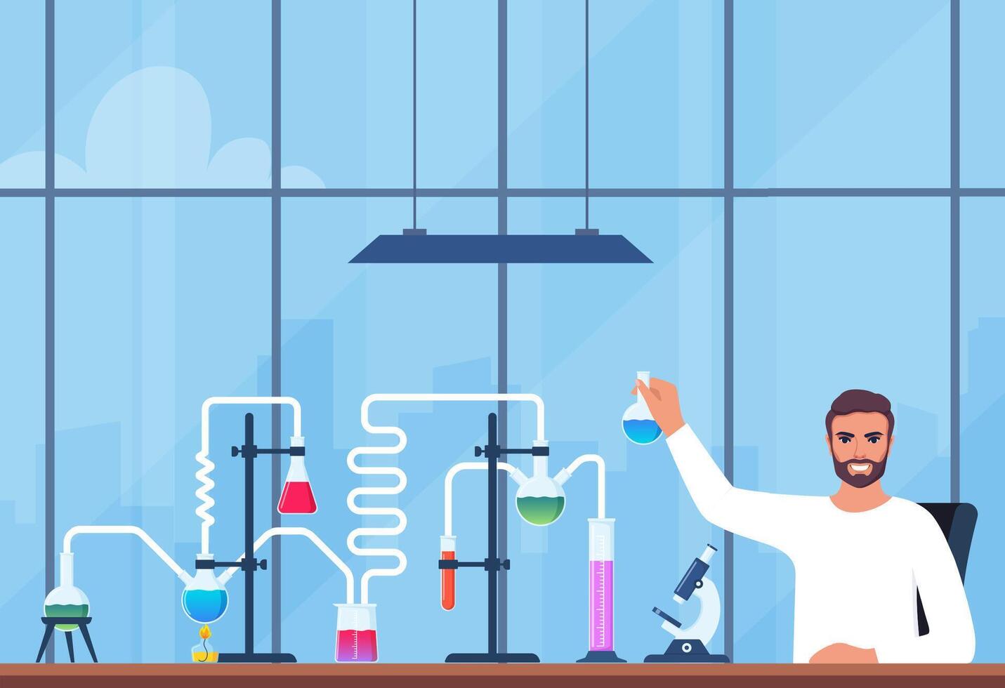 forskare i kemi laboratorium arbetssätt på forskning och utforskning. flaskor, flaskor, testa rör med ämne. labb forskning, testning, studier i kemi. vektor illustration.