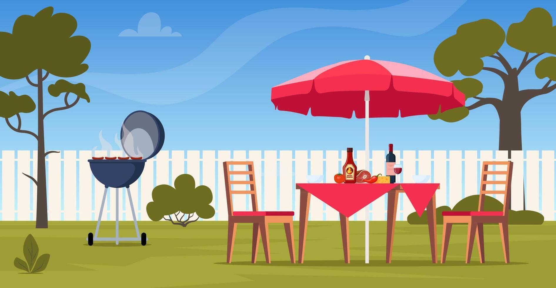 Grill Szene auf Hinterhof. Tisch, Stühle, Lebensmittel. Grillen Fleisch und Gemüse außen. Hinterhof Picknick auf ein Wochenende. Vektor Illustration.