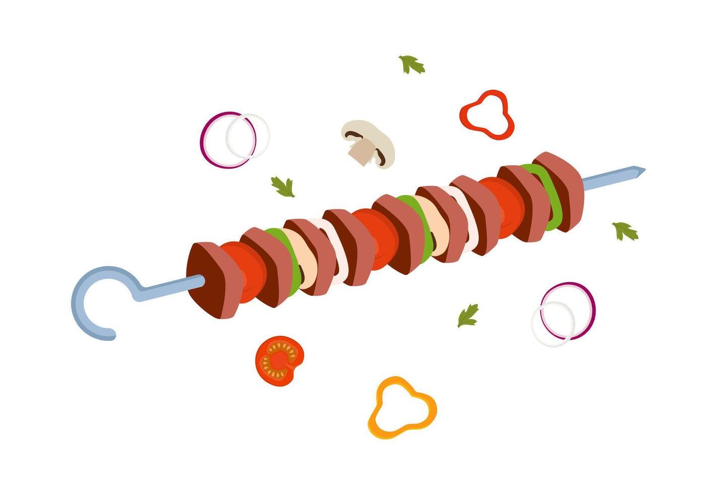 Kebab, Schaschlik, gegrillt auf Spieß, Essen Fleisch. Schaschlik Kebab mit Scheibe Zwiebeln, Pfeffer, und Tomate. gegrillt Grill Lebensmittel. traditionell saftig Grill, Kebab. Vektor Illustration.