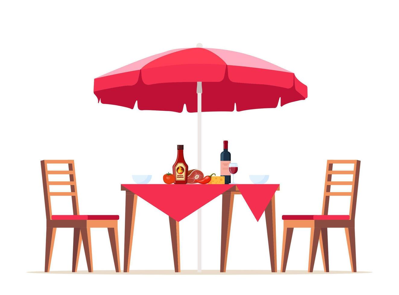 Sommer- Picknick Tabelle bedeckt mit ein Tischdecke, Stühle und Regenschirm. Essen auf das Tabelle zum Familie Grill, Picknick, Grill Party. Vektor Illustration.