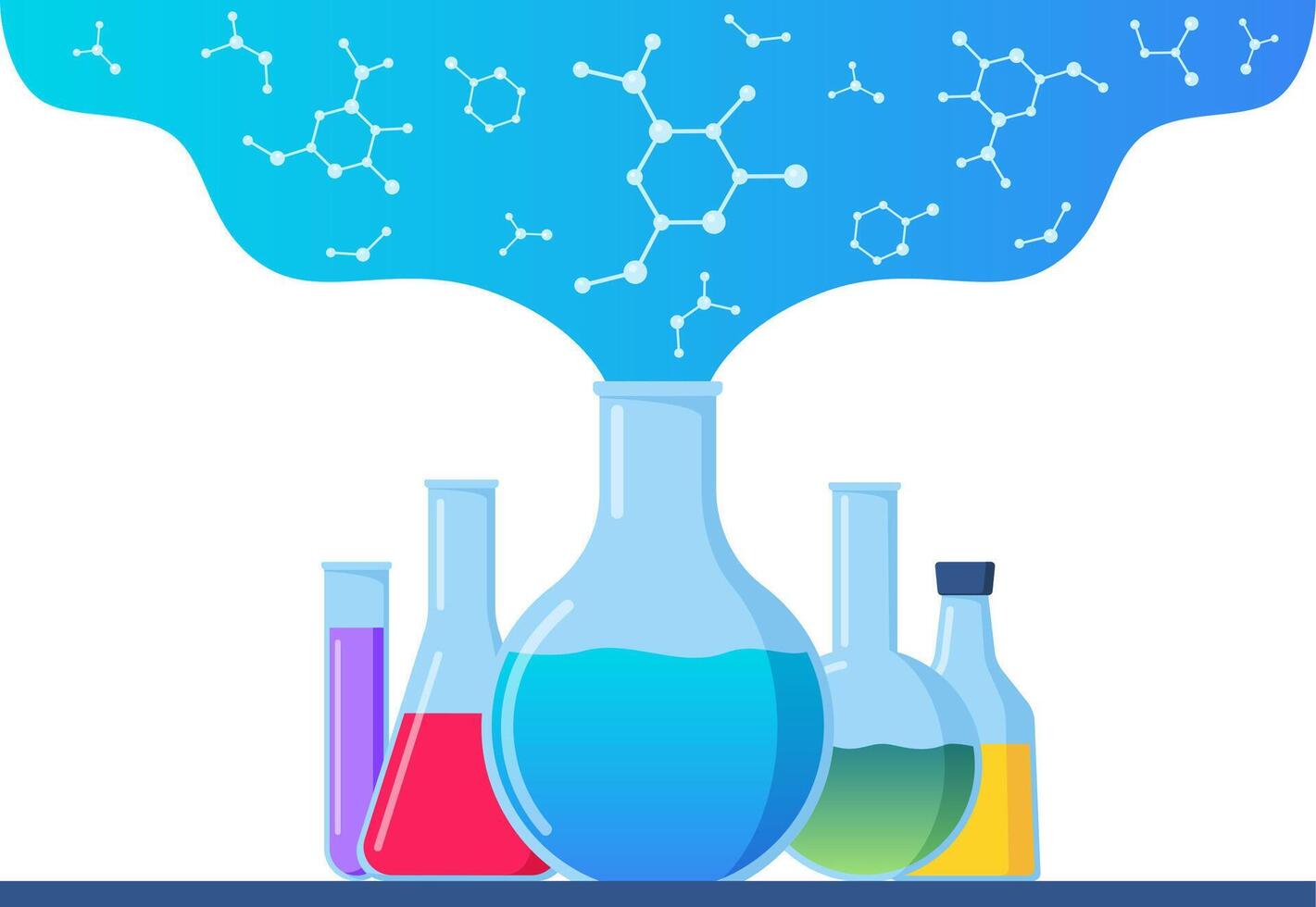 transparent Glaswaren mit chemisch Reagenzien. Labor Prüfung Rohre. medizinisch wissenschaftlich Forschung. Experiment Ausrüstung. organisch chemisch Verbindungen Formeln. Vektor Illustration.