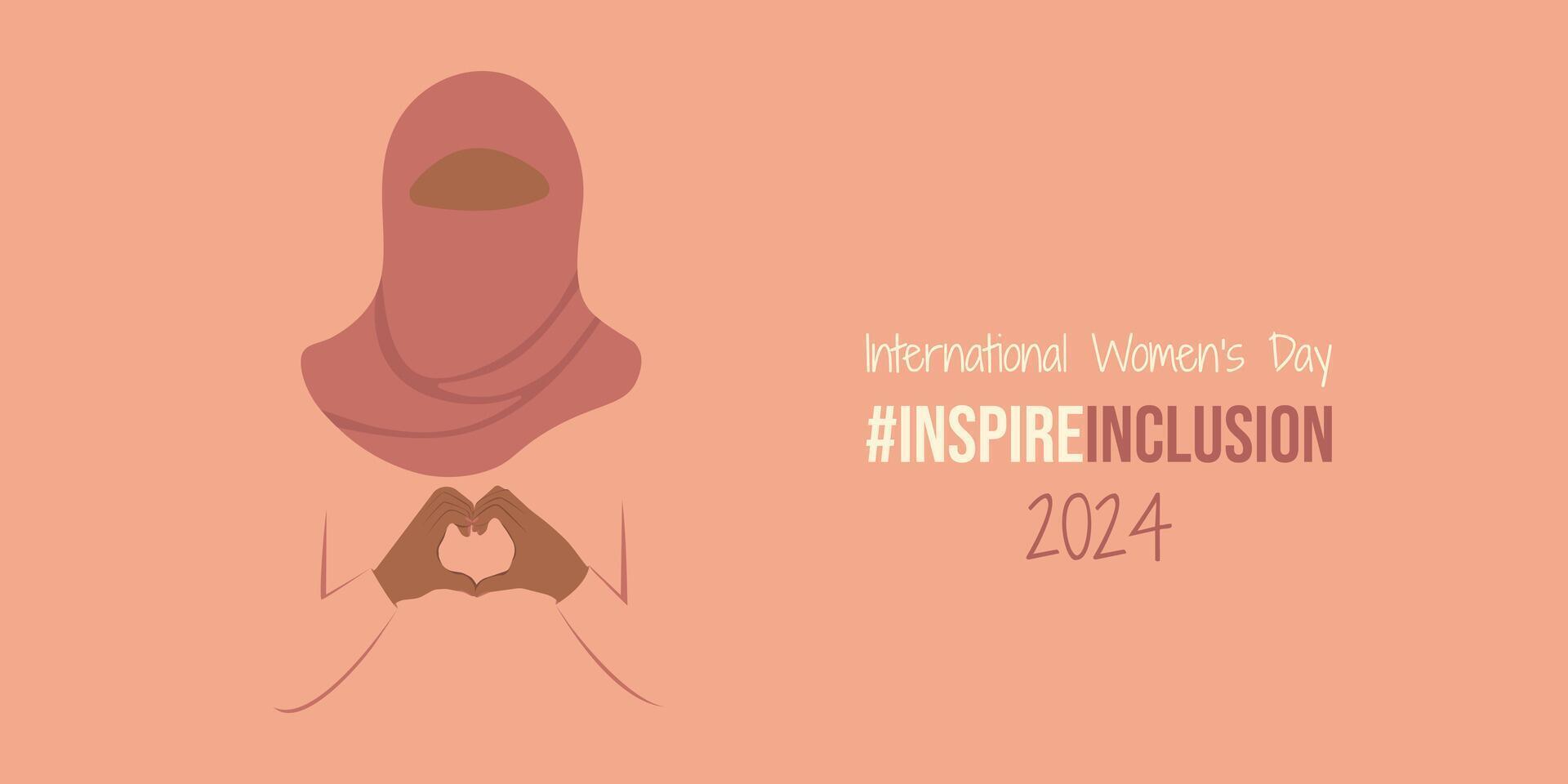 arabisch Mädchen im Hijab auf International Damen Tag 2024 Banner. iwd Inspirieren Sie Inklusion horizontal Design mit gesichtslos Frau tragen Schal auf Kopf und zeigt an Herz Form. inspirieren Aufnahme Sozial Kampagne. vektor