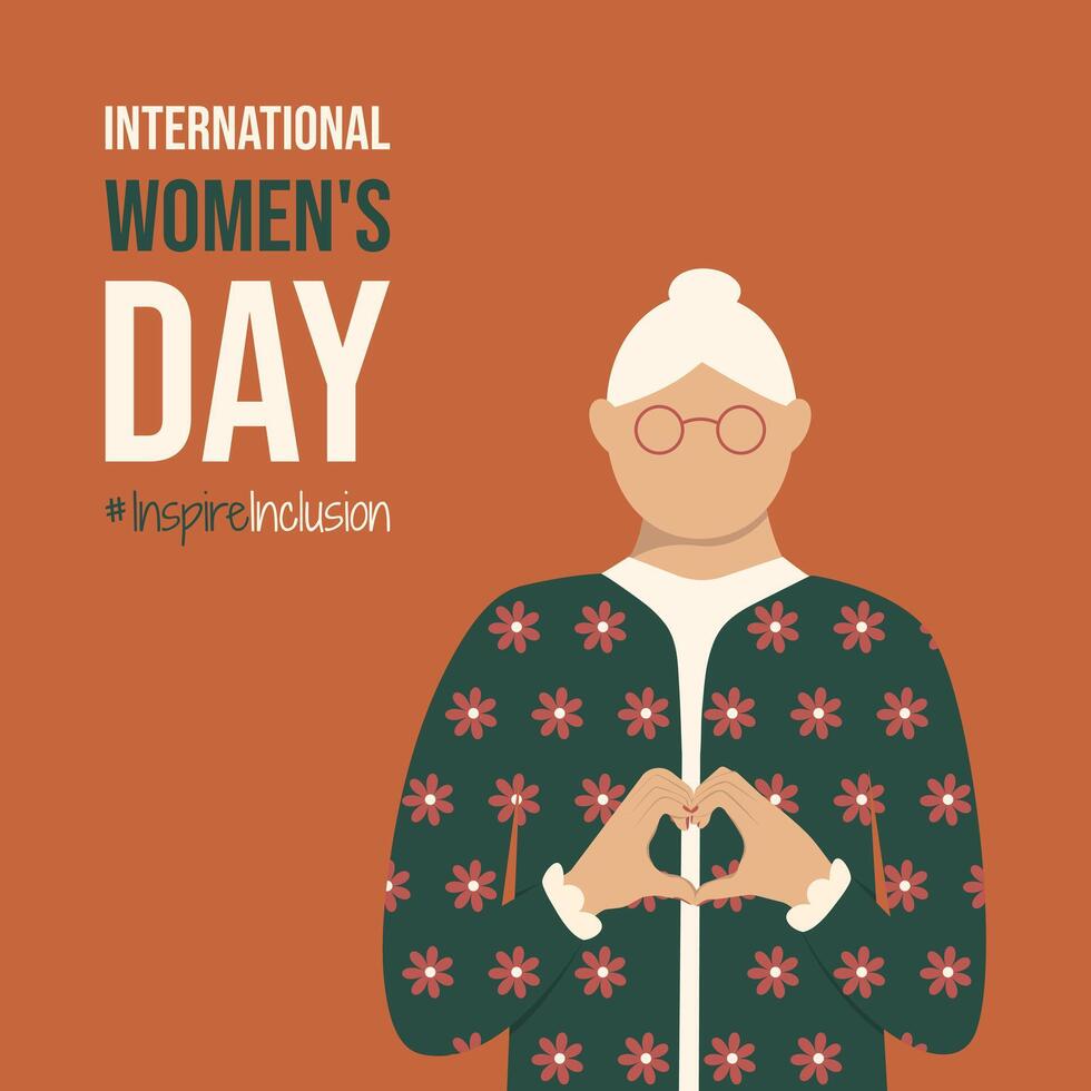 gammal lady på internationell kvinnors dag 2024 vykort. kvinna visar hjärta form med händer på vår iwd inspirera inkludering affisch. minimalistisk kort av aktiva åldring på inspirera inkludering social kampanj. vektor