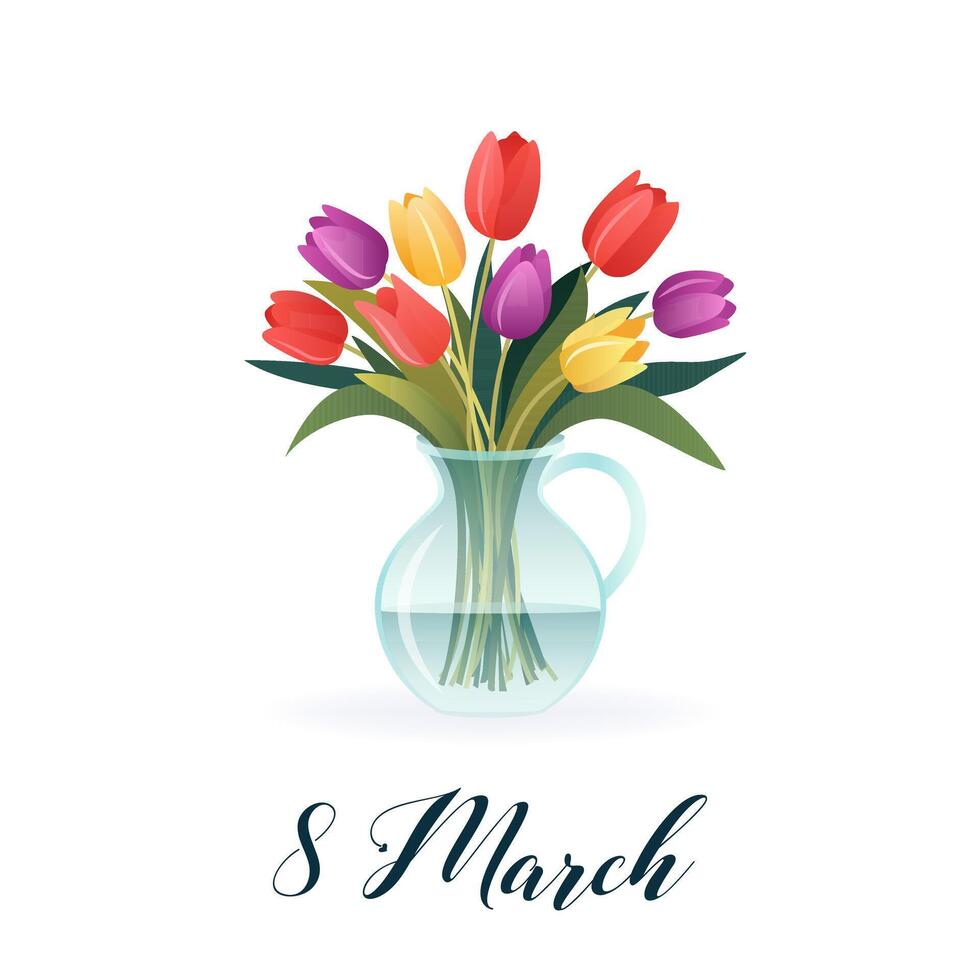 International Damen Tag. 8 Marsch. Banner, Postkarte mit isoliert Strauß von Tulpen im Vase. Frühling Blumen auf Weiß Hintergrund. modern Vektor Design zum Poster, Kampagne, Sozial Medien Post.