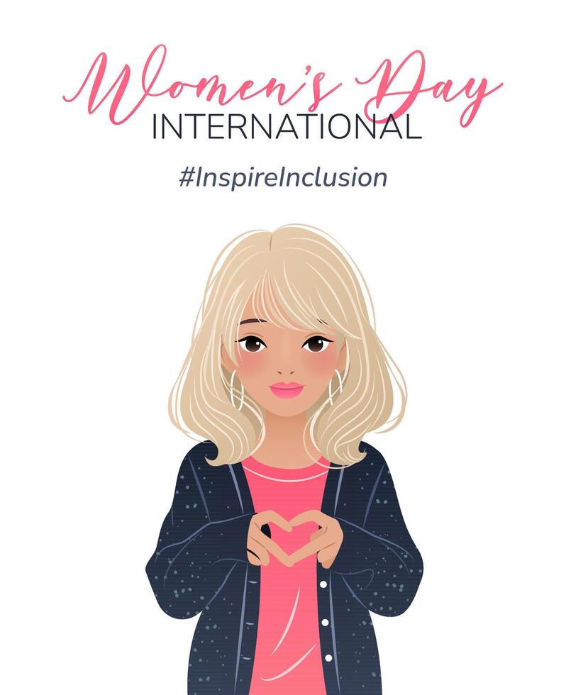 inspirera inkludering. 2024 internationell kvinnors dag vertikal affisch. kvinna som visar tecken av hjärta med henne händer. design för affisch, kampanj, social media posta, kampanj. vektor illustration, bakgrund.