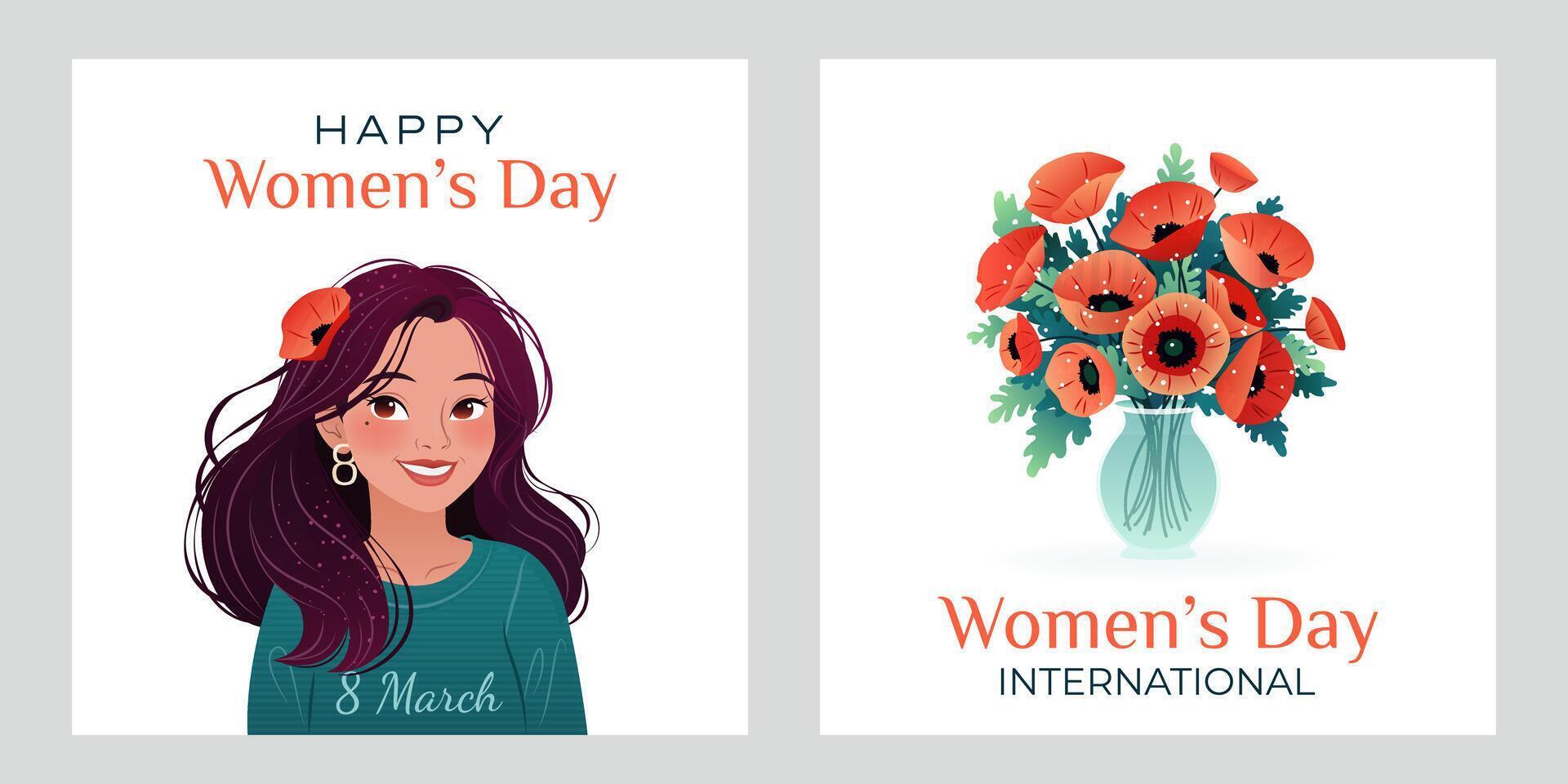 International Damen Tag Platz Banner Satz. 8 Marsch. Porträt von Karikatur Frau mit Mohn. Strauß von Blumen im Vase. Design zum Poster, Kampagne, Sozial Medien Post, Postkarte. Vektor Illustration