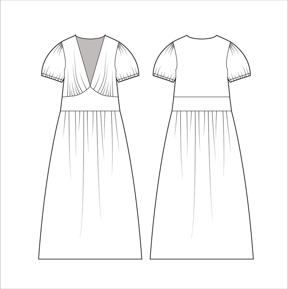 Damen Midi- Kleid. Kleid technisch Mode Illustration. eben bekleidung Kleid Vorlage Vorderseite und zurück, Weiß Farbe. Damen cad Attrappe, Lehrmodell, Simulation vektor