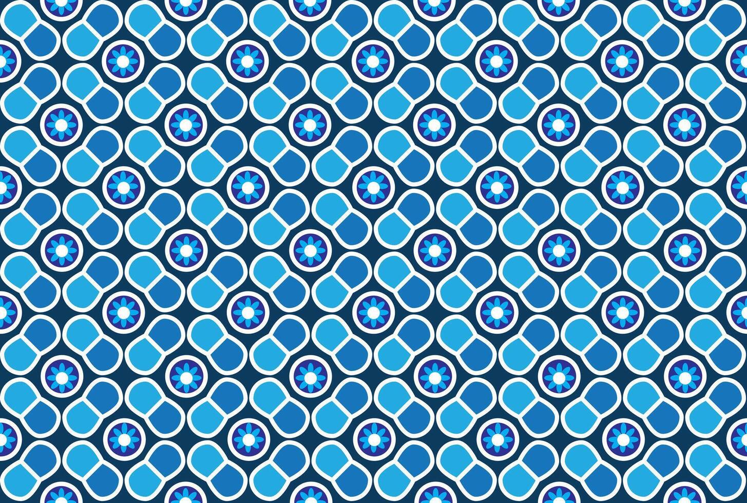 illustration, mönster av blomma i blå cirkel på djup blå bakgrund. vektor