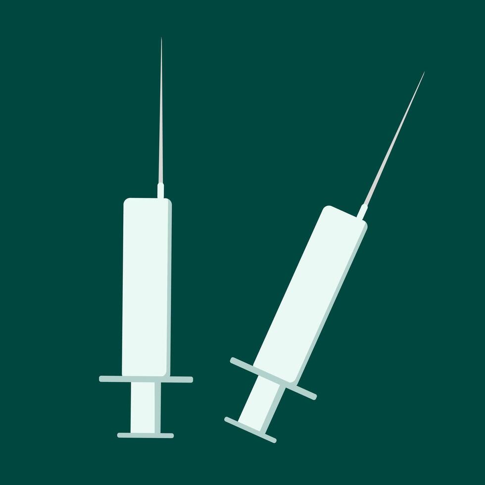 två medicinsk instrument. blå sprutor med en skarp nål för injektioner på en mörk bakgrund. injicering medicin in i en ven. vektor. vektor