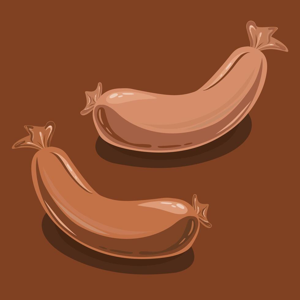 två brun stiliserade korvar med svansar, med slingor och skuggor på mörk brun bakgrund. mat. vektor