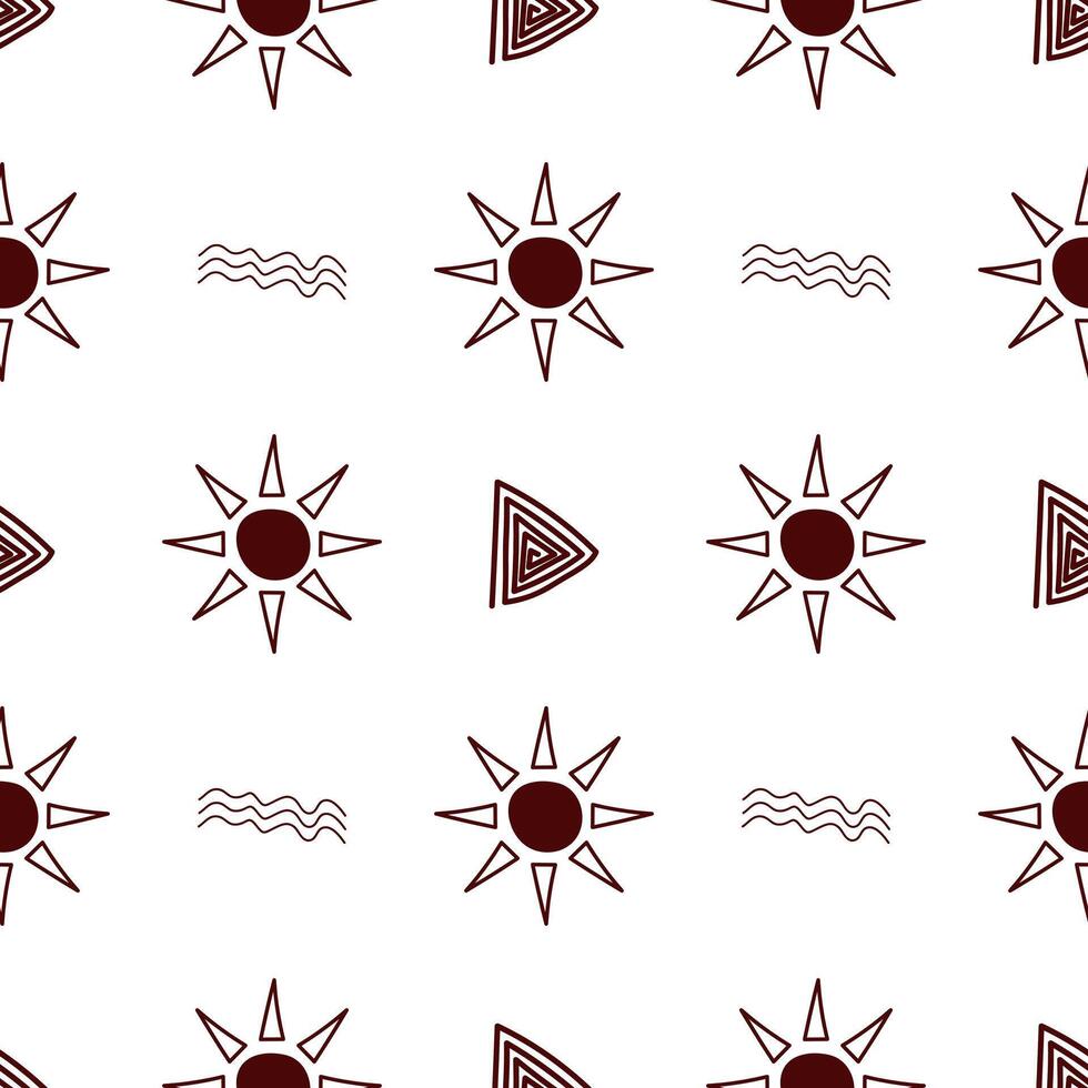 nahtlos Boho Muster mit das Sonne im ein modern minimalistisch Stil auf ein Weiß Hintergrund. abstrakt Vektor Design zum Stoff, Textilien, Ausschnitt Papier