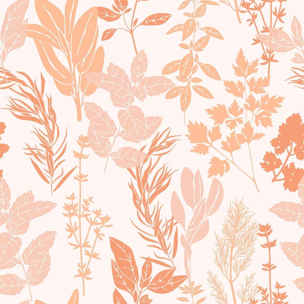 Blumen- nahtlos Muster mit Hand gezeichnet aromatisch Garten Kräuter im Pfirsich Flaum Farbe vektor