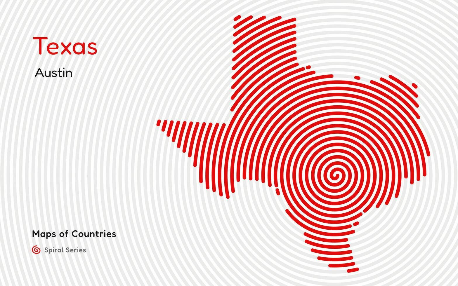 abstrakt Karta av texas i spiral mönster med huvudstad av austin. amerikan stater Karta uppsättning. vektor