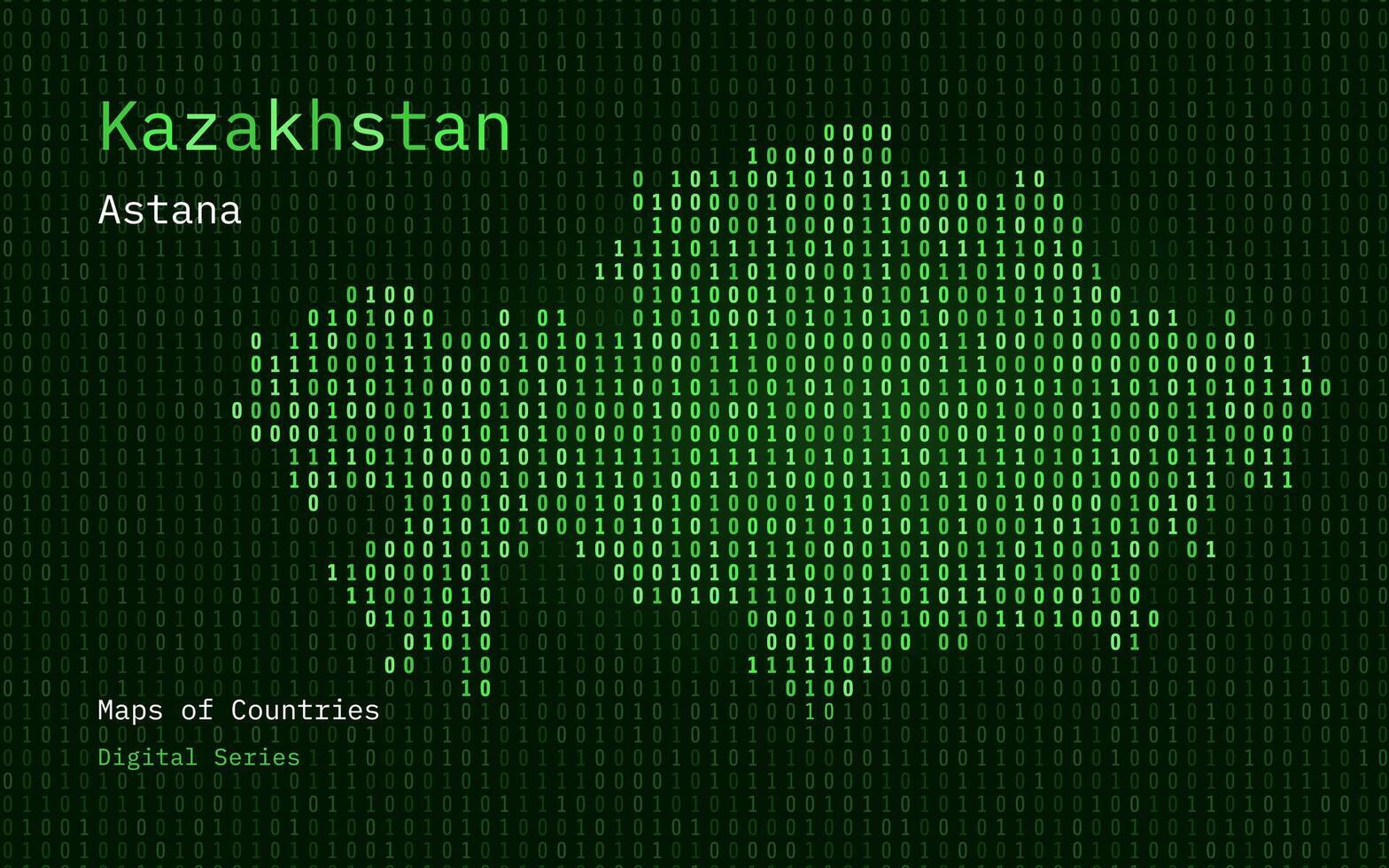 Kasachstan, Kasachstan Karte gezeigt im binär Code Muster. tsmc. Matrix Zahlen, null, eins. Welt Länder Vektor Karten. Digital Serie