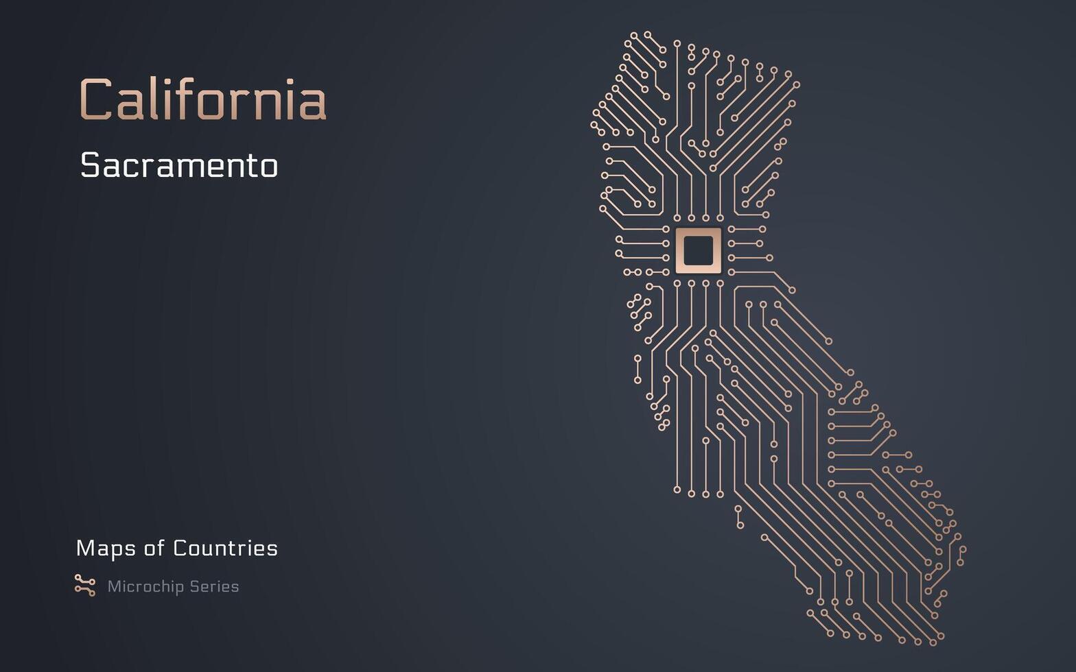 Kalifornien Karte mit ein Hauptstadt von Sakramento gezeigt im ein Mikrochip Muster. Silizium Schlucht, E-Government. vereinigt Zustände Vektor Karten. Mikrochip Serie