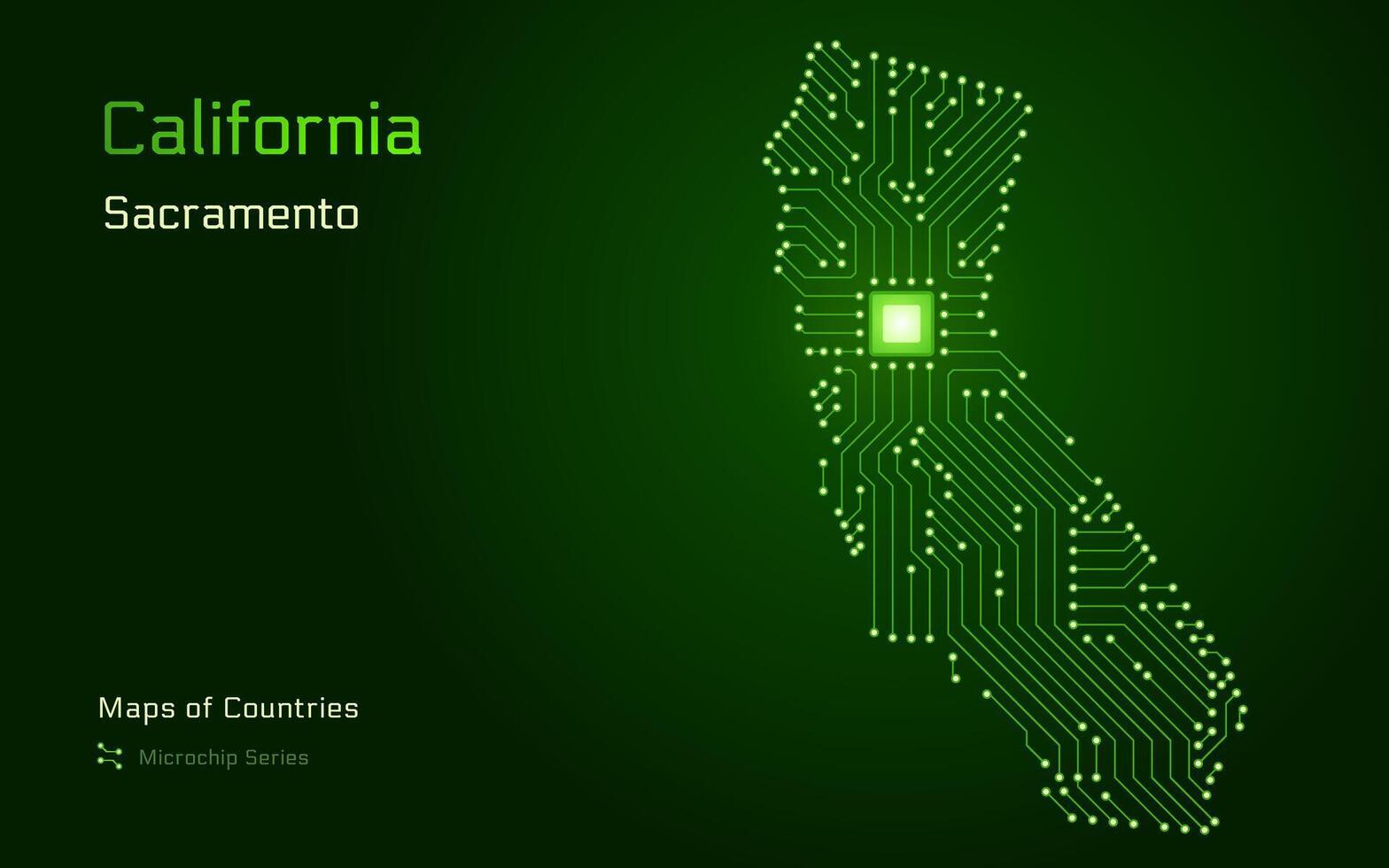 Kalifornien Karte mit ein Hauptstadt von Sakramento gezeigt im ein Mikrochip Muster. Silizium Schlucht, E-Government. vereinigt Zustände Vektor Karten. Mikrochip Serie