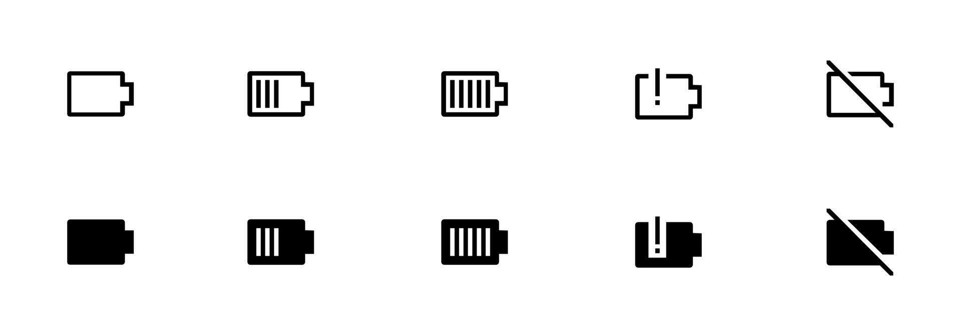 Batterie Symbol Satz. Batterie aufladen eben. niedrig Batterie, Batterie Laden Symbol. Batterie Ebenen Symbol Vektor editierbar Illustration zum Apps und Websites