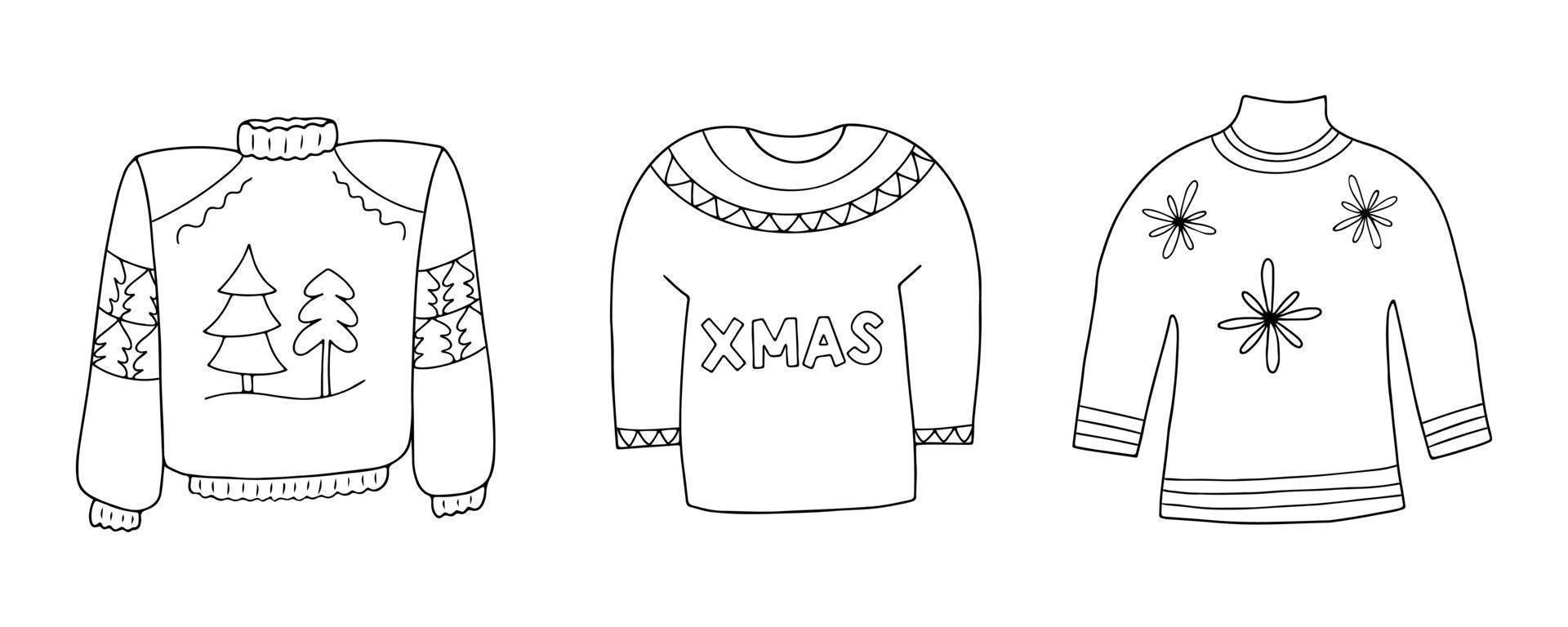 handritad ful tröja set. samling av linjära svarta och vita vintertröjor för semestern. vektor doodle illustration