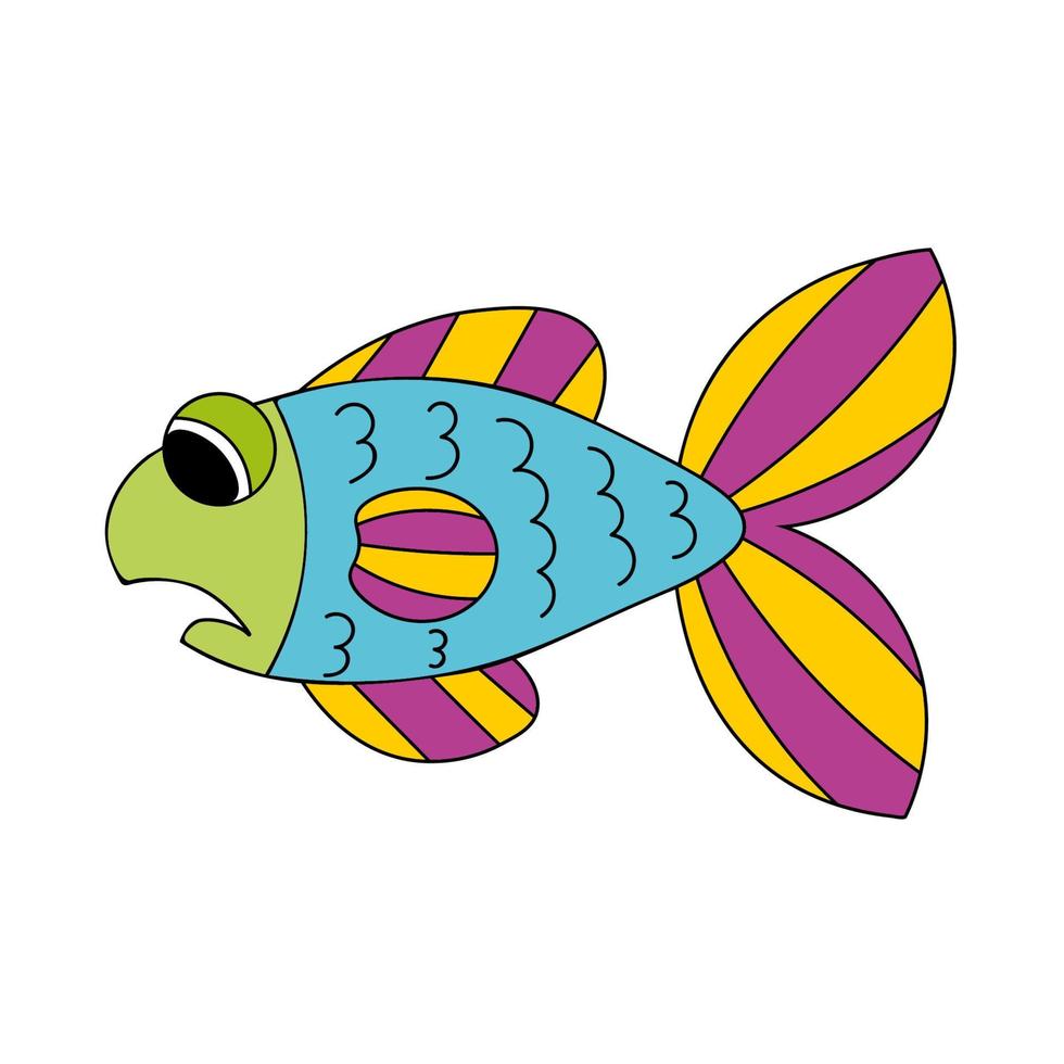 trauriger Cartoon blauer, violetter und gelber Fisch isoliert auf weißem Hintergrund. vektor