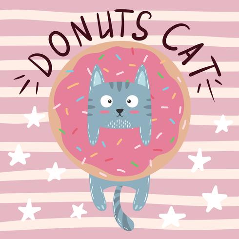 Süß, cool, hübsch, lustig, verrückt, schöne Katze, Miezekatze mit Donut vektor