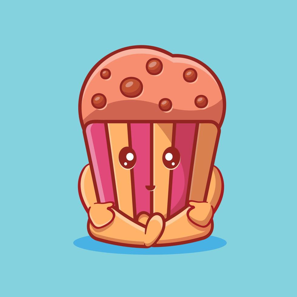 Süßes Muffin-Kuchen-Maskottchen, das sich hinsetzt, isolierte Karikatur im flachen Stil vektor