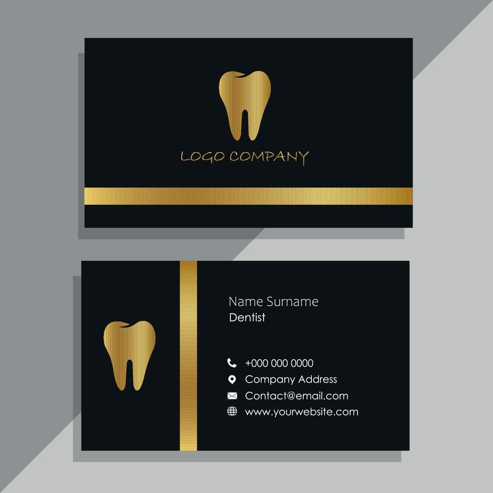 schwarze Zahnarzt-Visitenkarte mit Zahndesign und goldenen Streifen vektor