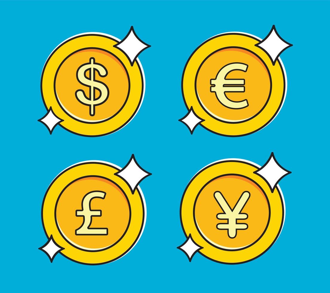uppsättning guldmynt med 4 huvudvalutor. dollar, euro, pund sterling, yen vektor