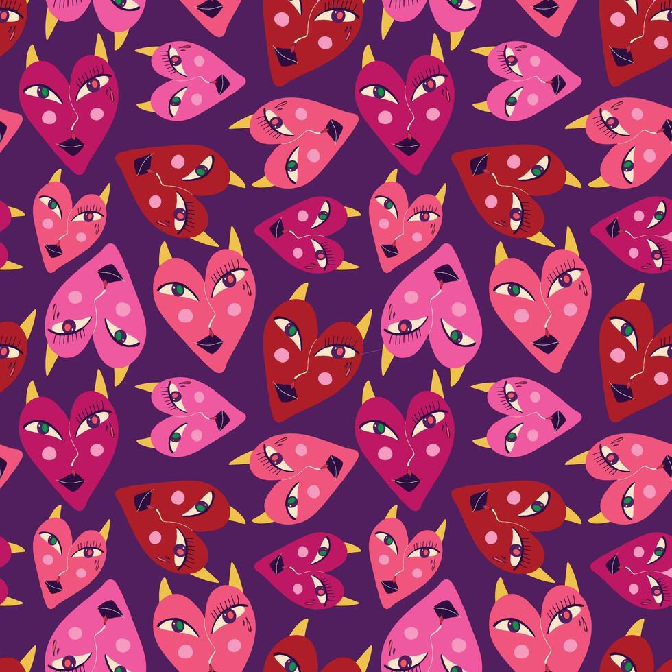 Rosa cool Muster mit rot teuflisch Herzen zum Valentinstag Tag und Halloween Ferien vektor