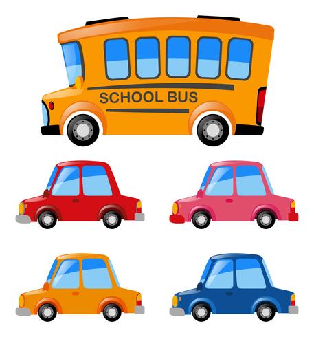 Bilar och skolbussuppsättning vektor