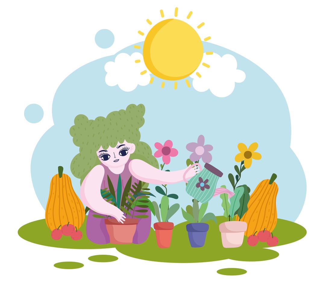 Gartenarbeit, Mädchen hält Gießkanne Pflanzen Kürbis und Äpfel vektor