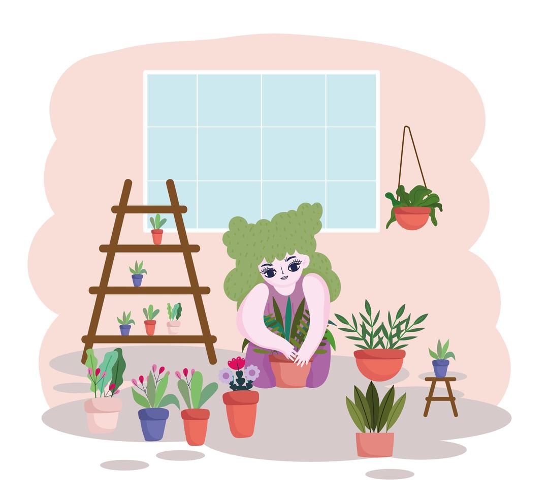 trädgårdsarbete, ung kvinna som tar hand om krukväxter som växer i krukor vektor