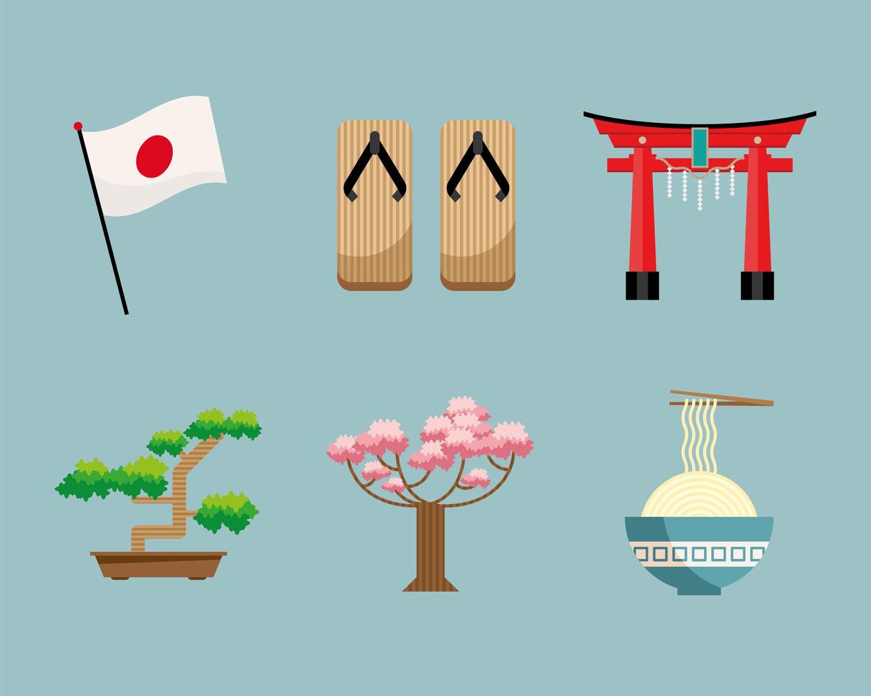 japanische kultur sechs ikonen vektor
