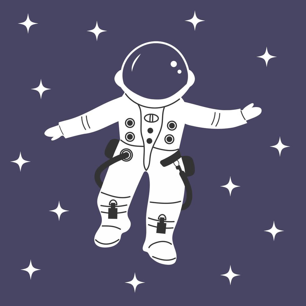 fliegend Astronaut im Raum mit Sterne um. Karikatur Charakter. Vektor eben Illustration.