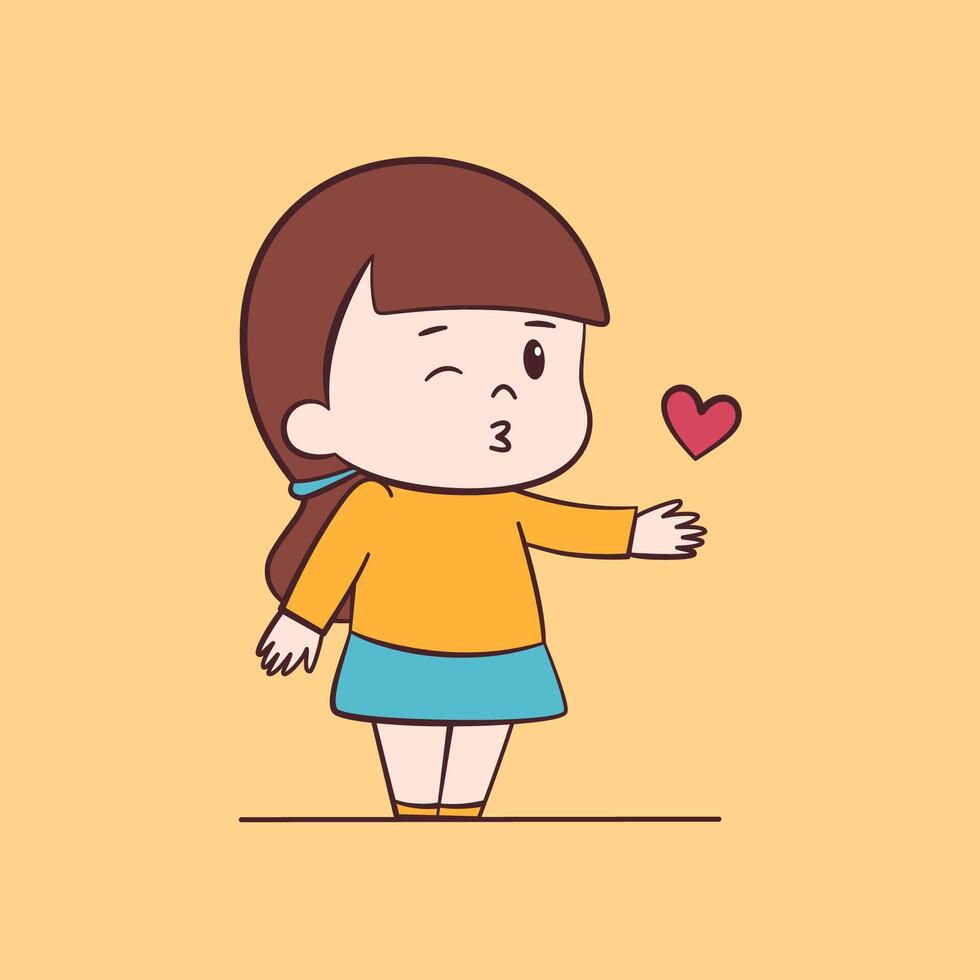 söt chibi flicka med ett luft kyss och hjärta, söt tecknad serie karaktär illustration vektor