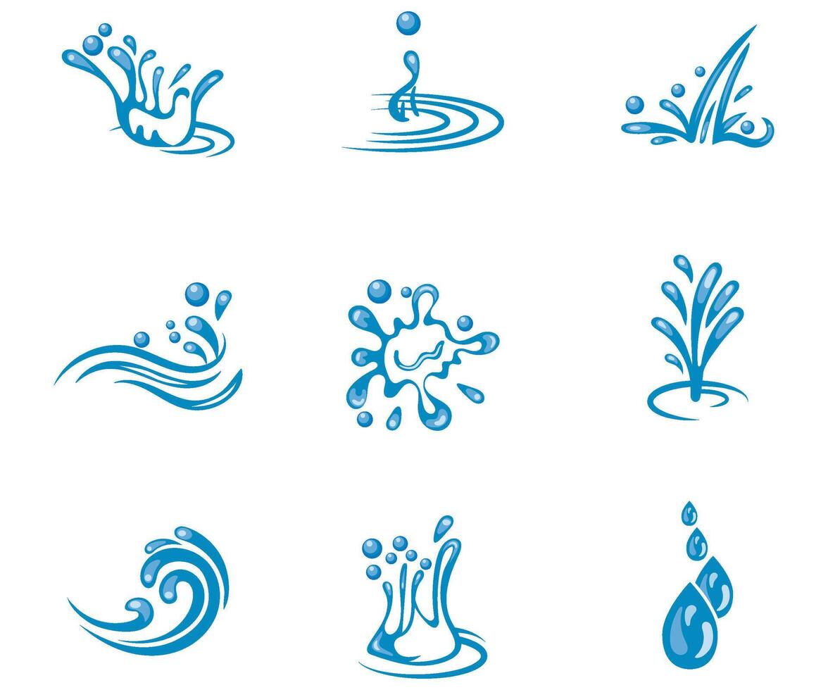 flytande vatten stänk, släppa vatten uppsättning ikoner, vågor, tårar, spray, natur stänk vektor