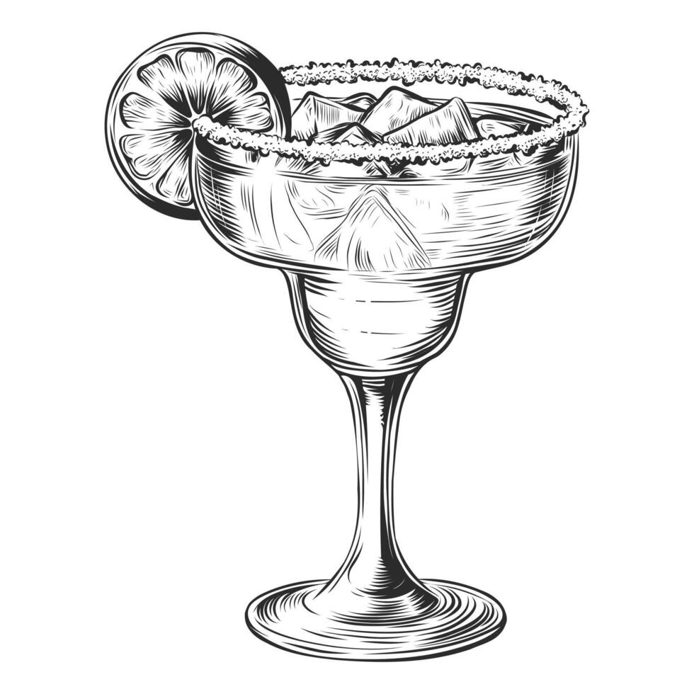 vektor graverat stil illustration för affischer, dekoration och skriva ut. hand dragen skiss av cocktail med is kuber och skiva av citron, svartvit isolerat på bakgrund. detaljerad årgång träsnitt stil