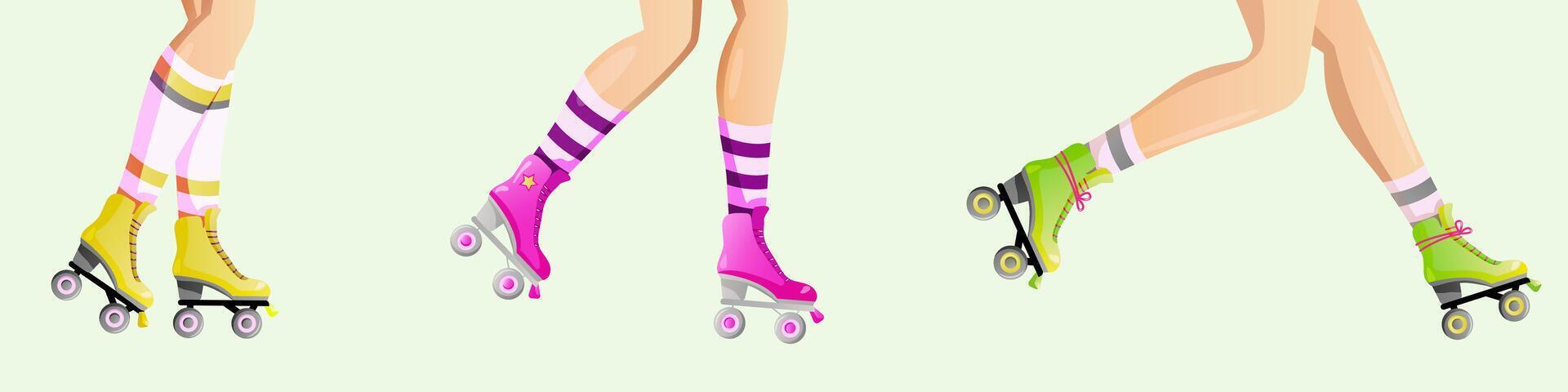 Hand gezeichnet modisch Illustration von Beine und Rollerblades. Walze Rollschuhe und weiblich Beine Vektor Design zum Netz Banner Poster Karte.