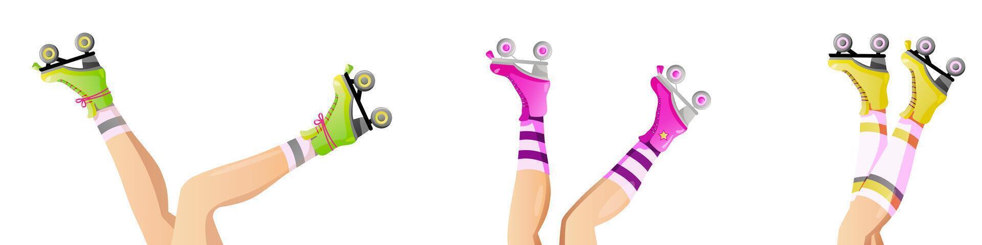 einstellen von Walze Rollschuhe und weiblich Beine. Mädchen tragen Walze Rollschuhe. Hand gezeichnet modisch Vektor Illustration von Beine und Rollerblades zum Netz Banner, Poster, Karte