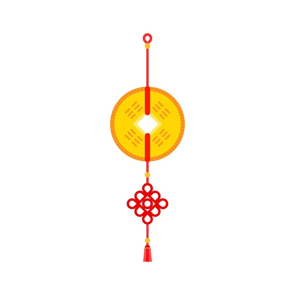 kinesisk ny år feng shui mynt omgång röd band. kinesisk hängande talisman med röd Knut, gammal feng shui mynt och tofsar. asiatisk traditionerl. ny år symbol av Bra förmögenhet vektor