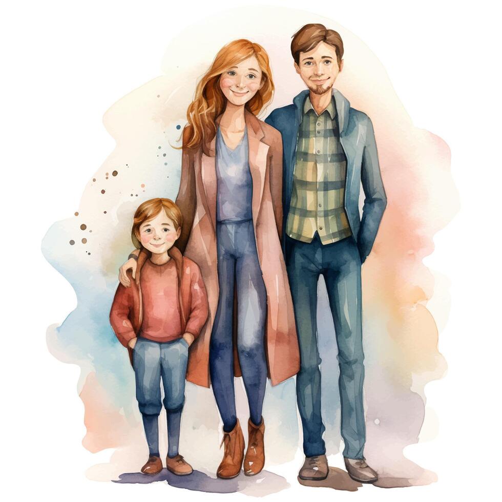 Aquarell Familie ist Stehen. Eltern und Kind isoliert auf Weiß Hintergrund. Vektor Illustration Frau, Mann, Kind