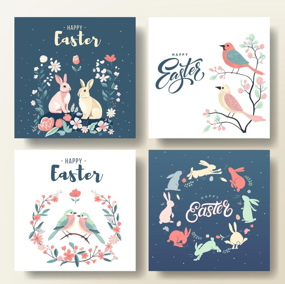 einstellen von Ostern Gruß Karten mit Vögel und Hasen, Frühling Hintergrund. glücklich Ostern rahmen, Vorlage vektor