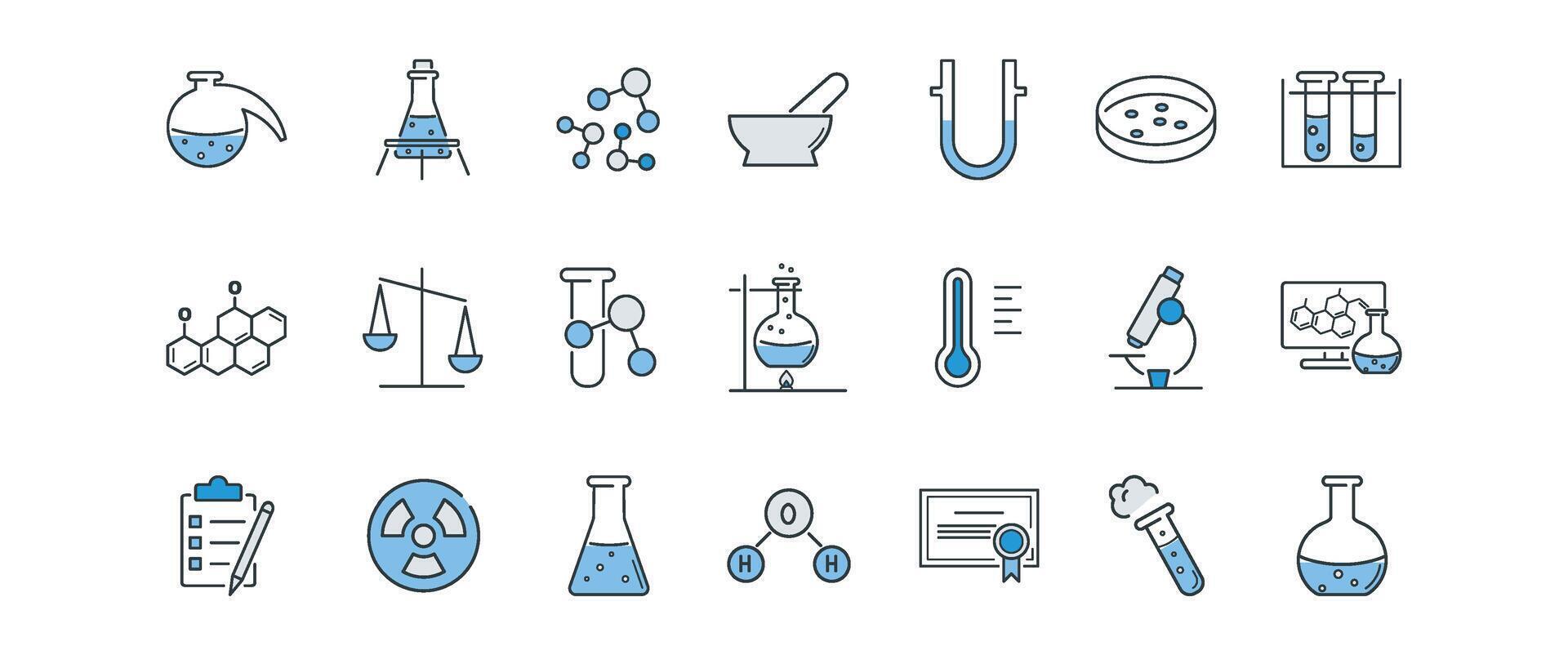 kemisk laboratorium linje ikoner uppsättning. flaska, murbruk, mortelstöt, skala, molekyl, testa rör, flaska, retort, brännare, flamma, certifikat, petri maträtt vektor illustration i grå och blå. redigerbar stroke