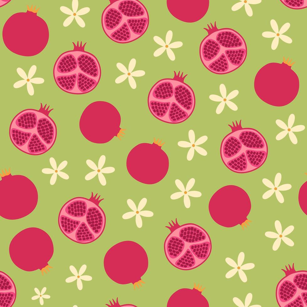 Granatapfel nahtlos Muster. Früchte und Blumen. Lebensmittel. Sommer- Zeit Schwingungen. Hintergrund. Digital Papier. vektor