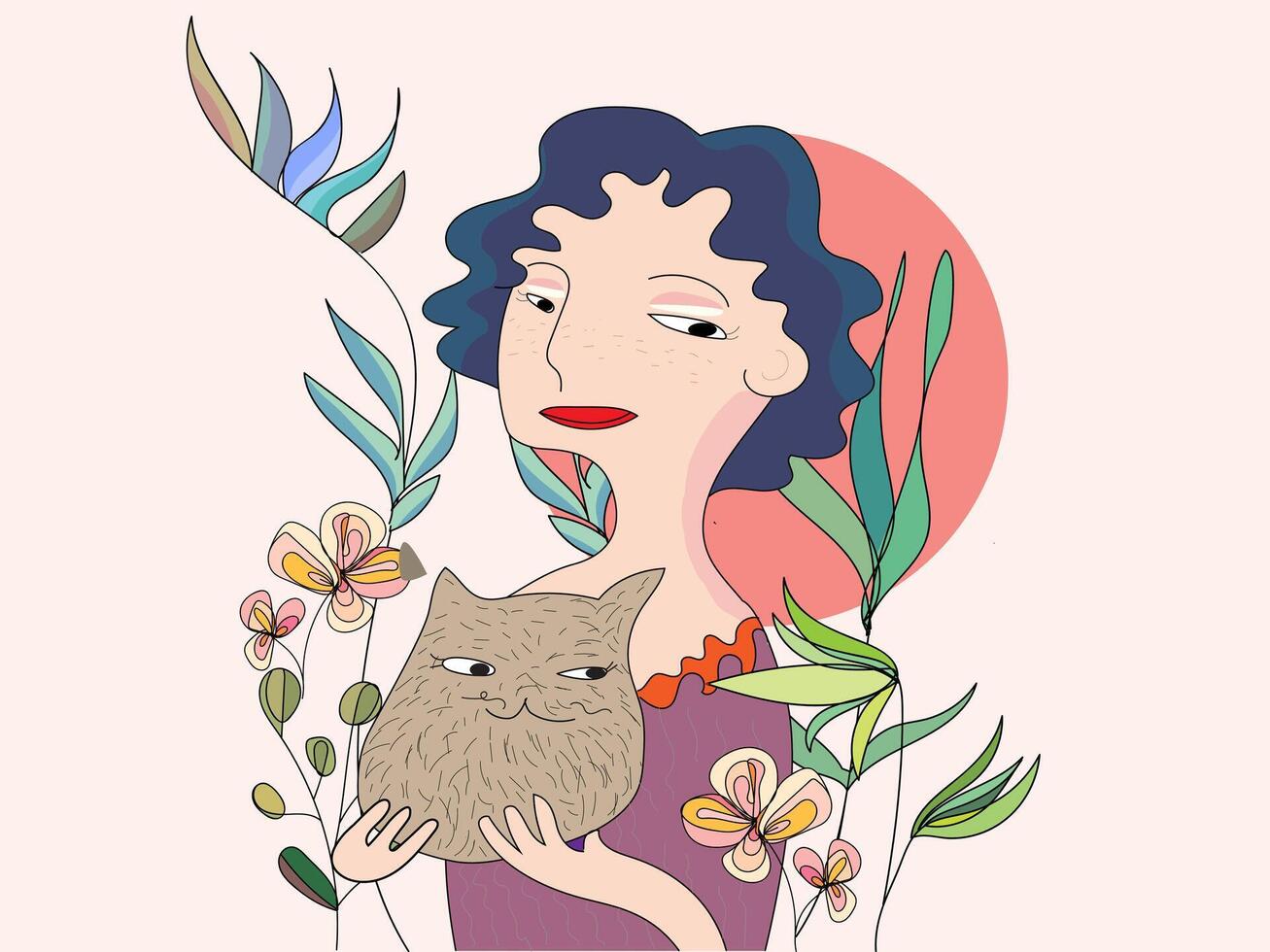 Blumen- Schönheit Illustration von ein Frau mit Blumen, ein Strauß, und Katze, vektor